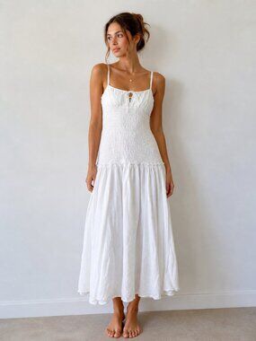 Asos Smocked Ruched Bust Drop Waist Maxi Dress Cotton White Size 6